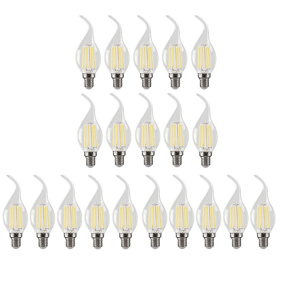 20 Paquetes de Bombilla de Vela LED E14 de 4W(Equivalente a 40W) Bombilla de Filamento LED C35 No Regulable de 400LM,Lámpara de Candelabro de Ahorro de Energía Vintage Blanco Frío de 6500K