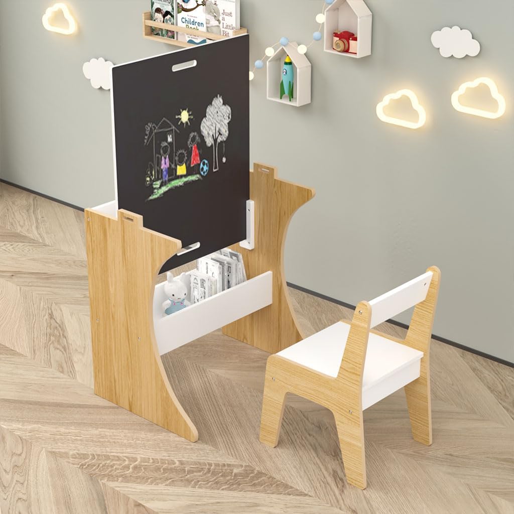 Kids Table and Chair Set, Multifunctional Wooden Activity Table with Convertible Tabletop and Blackboard and Whiteboard for Toddlers Arts Crafts Drawing Reading Playing, Playroom Nursery