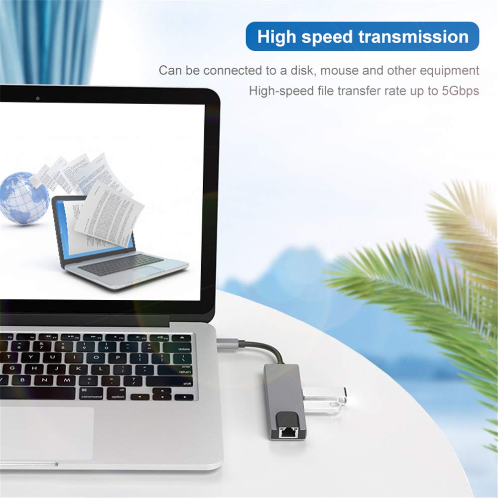 Tianle Hub USB C Ethernet, adaptateur multi-ports 5 en 1 avec port Gigabit Ethernet, HDMI 4K, charge USB C PD et 2 USB 3.0 compatible avec console Switch, MacBook, iPad, Surface, 5 en 1