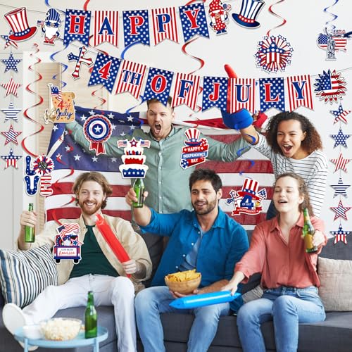Image of 57pcs 4th of July Independence Day Patriotic Decorations, Red White Blue Happy 4th of July Banner Hanging Swirls America Flags for Memorial Day Decorations