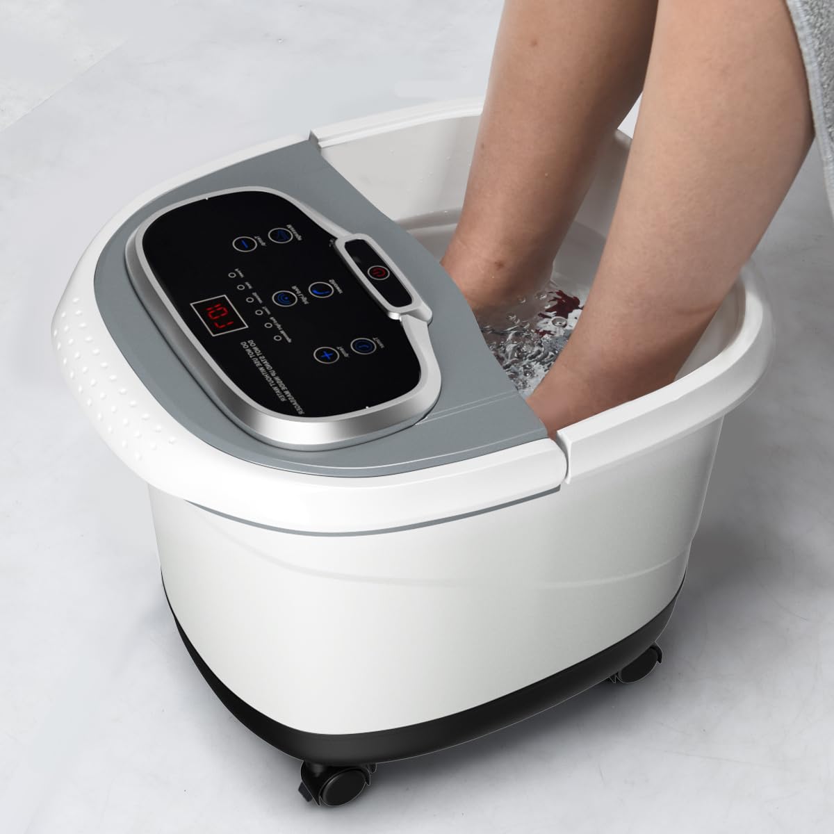 HOMASIS Fußbad Elektrisch, Fußbadewanne mit 4 Rollen(2 mit Bremsen), Fußmassagegerät mit Heizung 35-48°C, Timer 10-60 min, Fußsprudelbad mit Massagefunktion, Fußwanner für Zuhause (Grau)