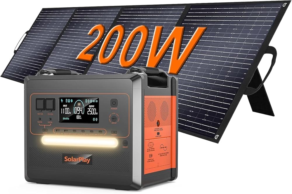 SolarPlay Q2402M Estacion de Energia Portatil,2304Wh LiFePO4,Salidas de AC de 2500W(Pico de 5000W) Generador Solar Portátil acampar al aire libre,para Viajes,Corte de Energía,Panel 200W.