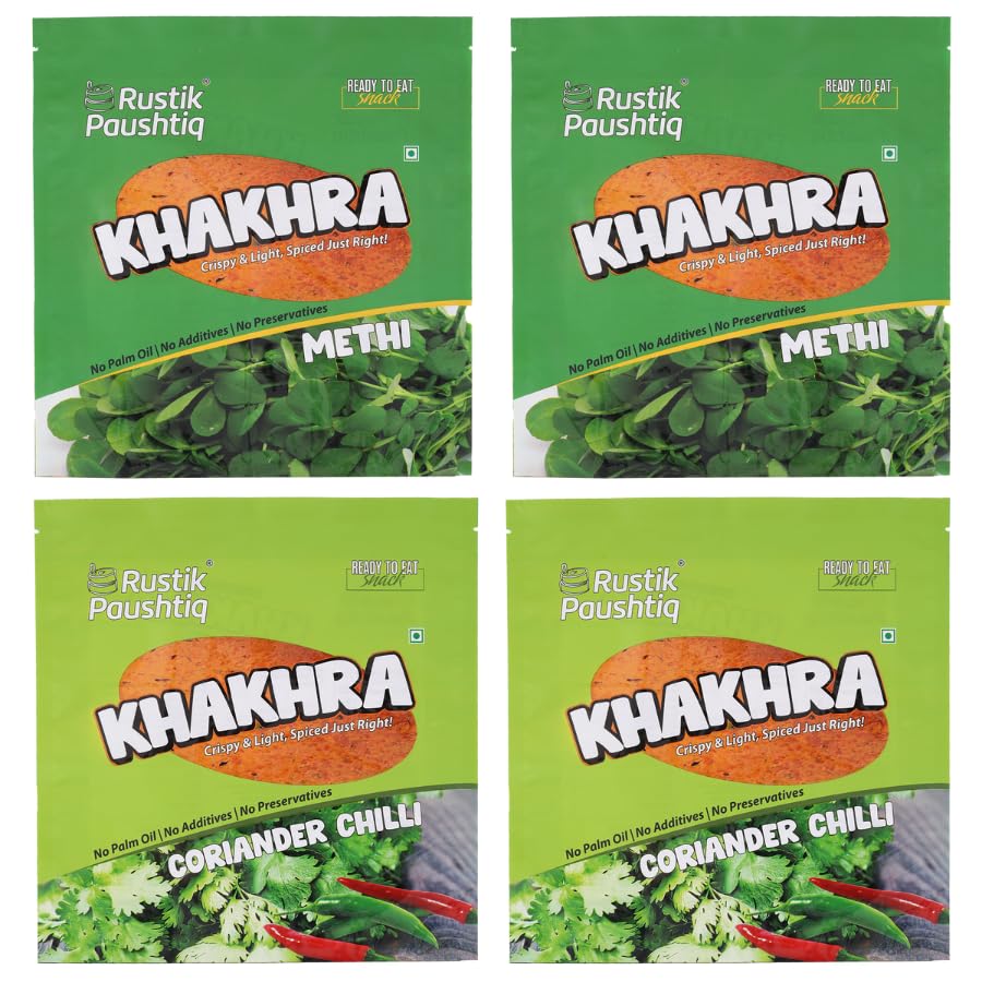 Image of RUSTIK PAUSHTIQ Baked Khakhra Combo - 200g x 4 Packets | 2 Methi & 2 Coriander Chilli Flavours | Whole Wheat Crispy Snacks | No Palm Oil | Ready to Eat Tea Time Snack | 800g