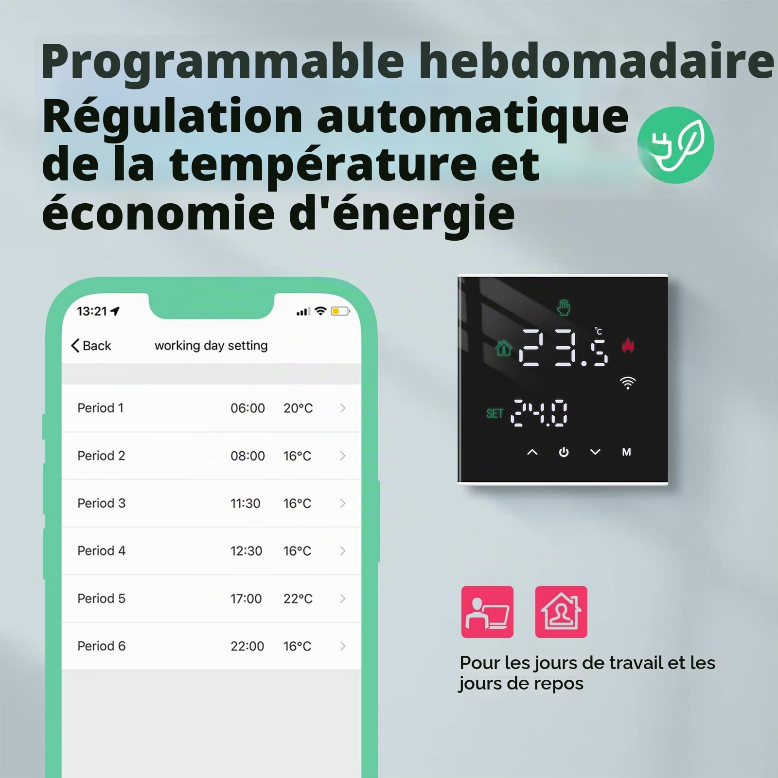 Beok Thermostat WiFi Intelligent, Thermostat de Chaudière Programmable pour Chauffage de Chaudière Eau/Gaz, Montage Mural avec Affichage LCD Numérique,TGW60-WIFI