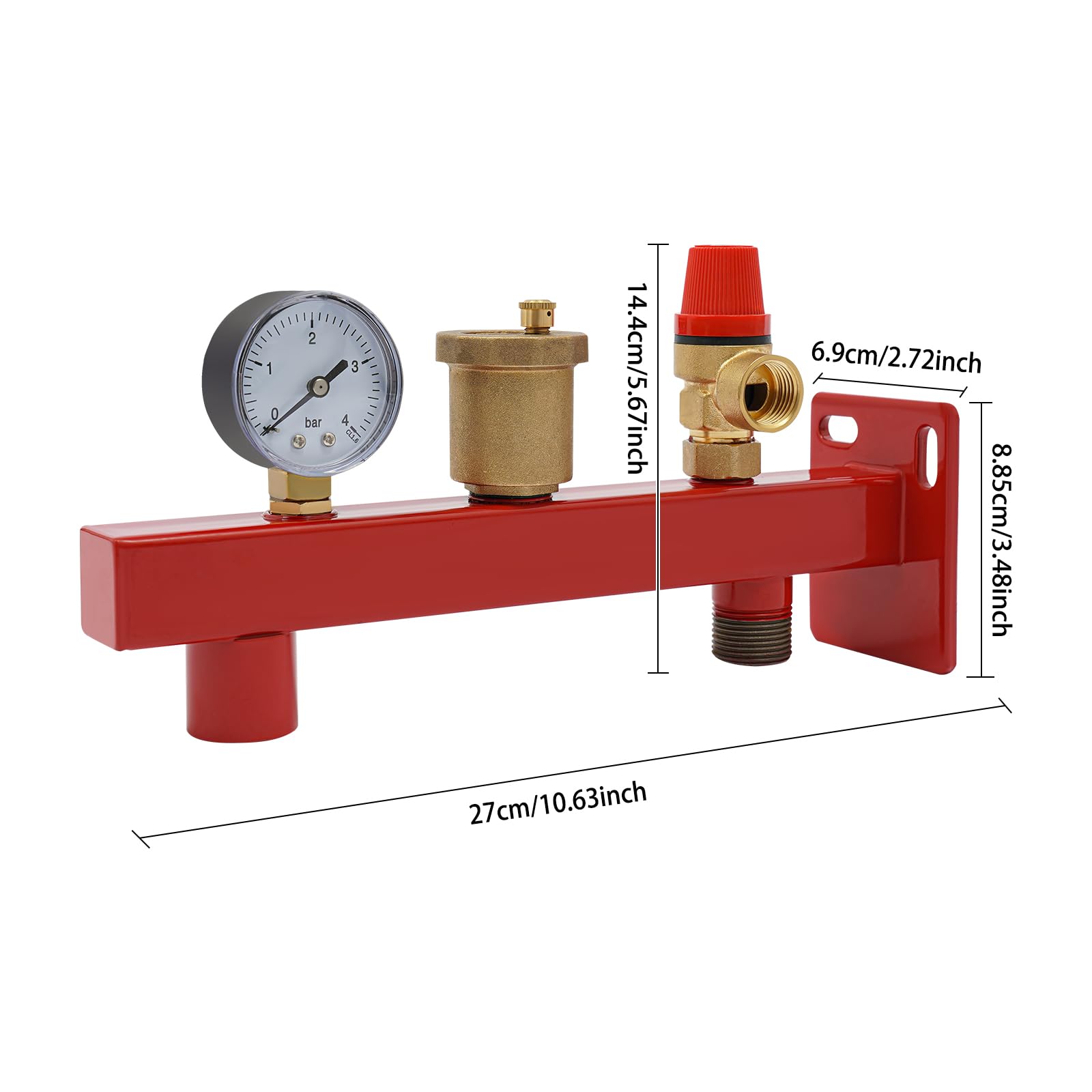 Gruppo di sicurezza per caldaia 27 x 14,4 cm, gruppo di collegamento con manometro, valvola di sfiato automatica, valvola di sicurezza, ferro zincato, per meccanismi chiusi come riscaldamento