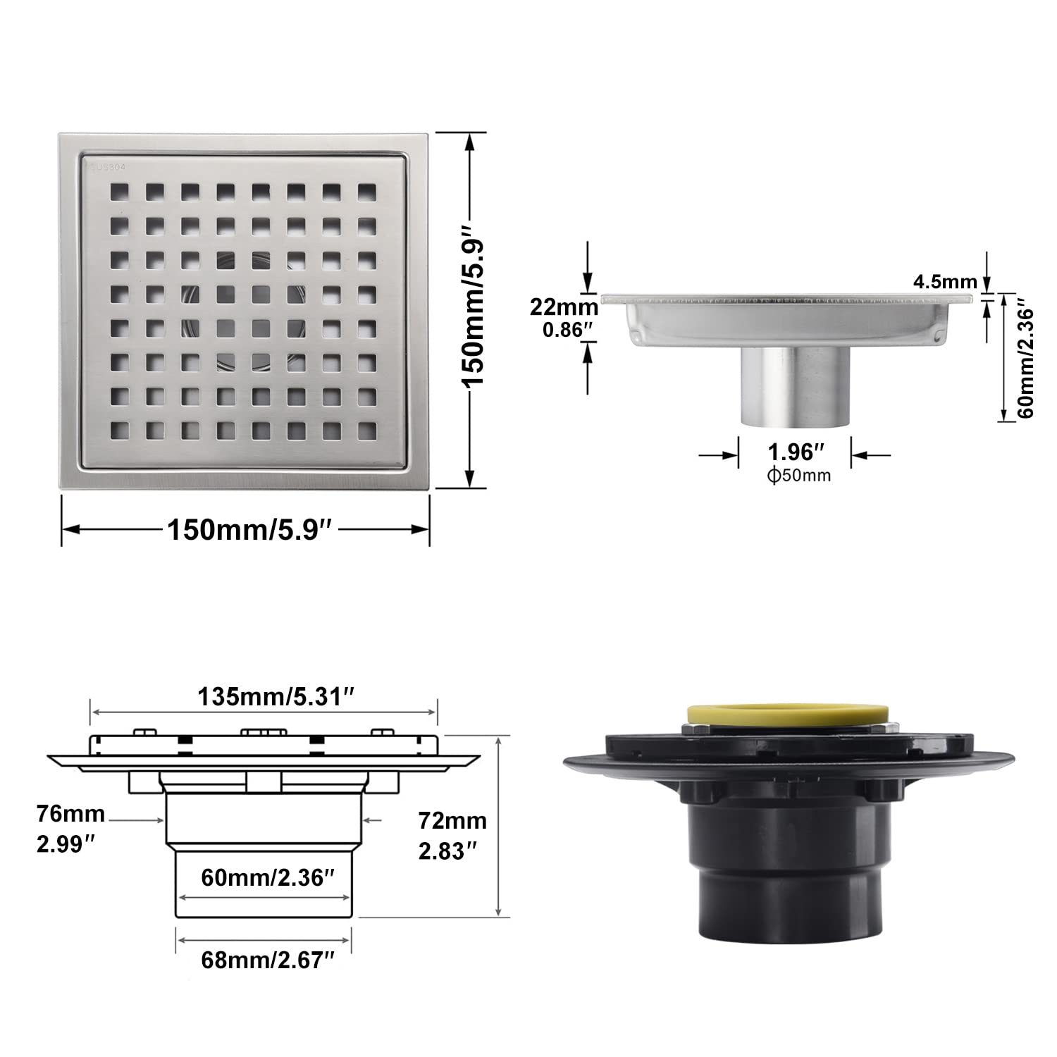 Runder Duschablauf - Gebürstetes Nickel, 11,4 Cm, SUS304 Edelstahl, Höhenverstellbar
