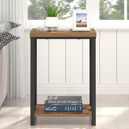 Miniatura 6 de EXCEFUR Mesa auxiliar, mesas auxiliares cuadradas para sala de estar, mesita de noche industrial de metal y madera para dormitorio, marrón rústico