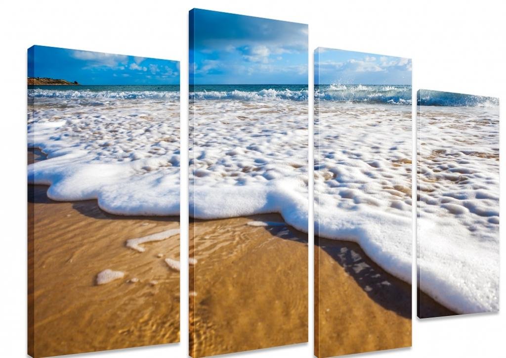 PICTURE - Multi Split Panel Canvas Artwork Art - Waves Wash Over Golden Sand On Australian Beach Sea Ocean - ART Depot OUTLET - 4 Panel - 101cm x 71cm (40"x28")