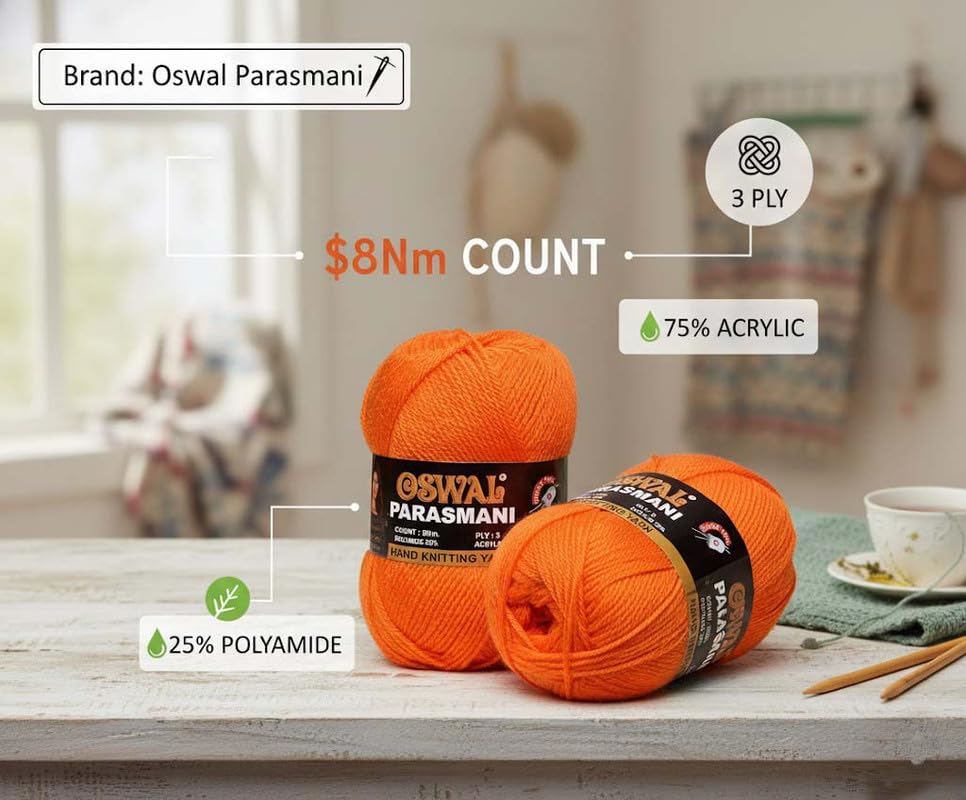 Image of M.G ENTERPRISE 3 Ply Knitting Yarn Wool, Orange 100 GMS Best Used with Knitting Needles, Crochet Needles Wool Yarn for Knitting.-IO Art-EII