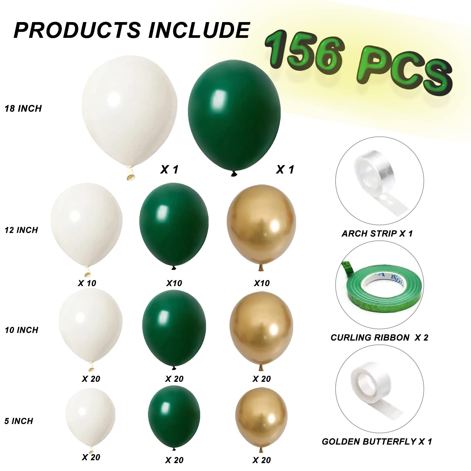 Dark Green and White Balloon Garland Kit 156 Pcs - Green Metallic Gold Balloons 18/12/10/5 inch for Wild One Birthday Christmas Day New Year's Day Wedding Baby Shower Party Decorations balloon arch