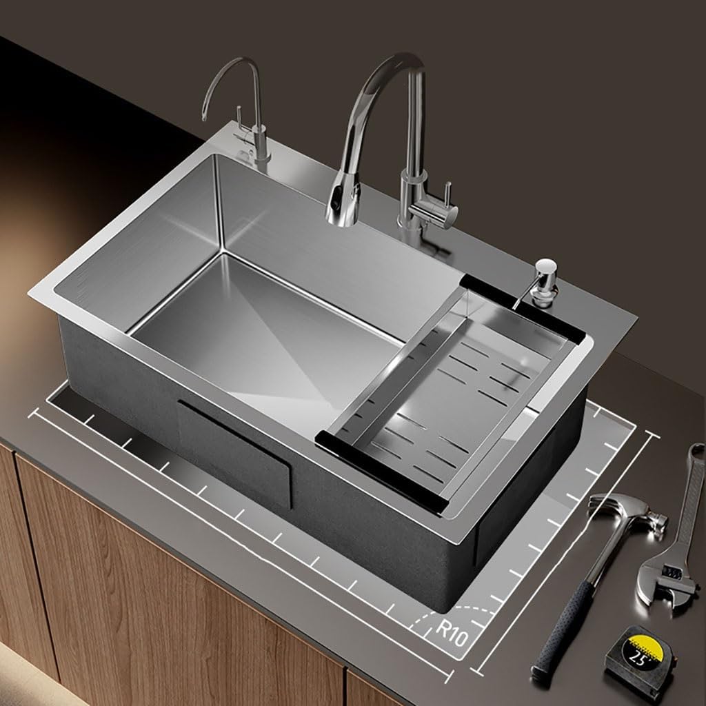Silver Bar Sink with Pull Down Faucet, Stainless Steel Kitchen Sink Single Bowl Sink Topmount Undermount Handmade Kitchen Sink Rectangle Sink Workstation Kitchen Sink with Drain Tray Prep Sink ( Size