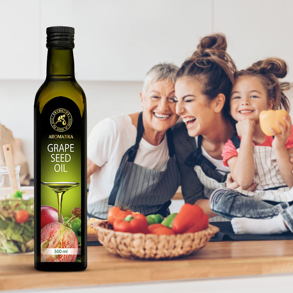 Aceite de Semilla de Uva 500ml - Aceite de Pepita de Uva para Cocinar y Hornear - Vegano - Aceite para Ensaladas - Aceite Culinarios - Ideal para Consumo, Freír y Aderezos de Ensaladas