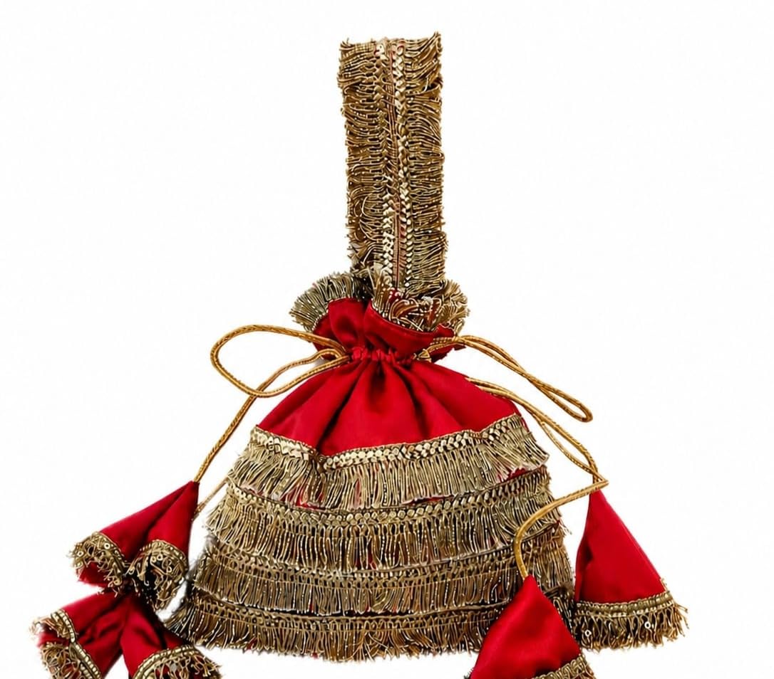 Red Silk Potli Bag with Gold Zari Fringe Embellishments, Drawstring Closure, Tassel Accents-image-25