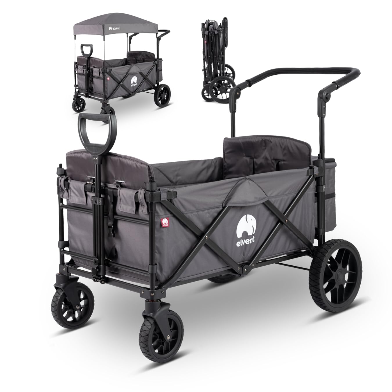 elvent® Allrounder Premium Bollerwagen - faltbar mit Dach | Sitzpolster, Hecktasche, Feststellbremse, Off-Road-Reifen, 5-Punkt-Gurt I 2 Kinder (Grau)