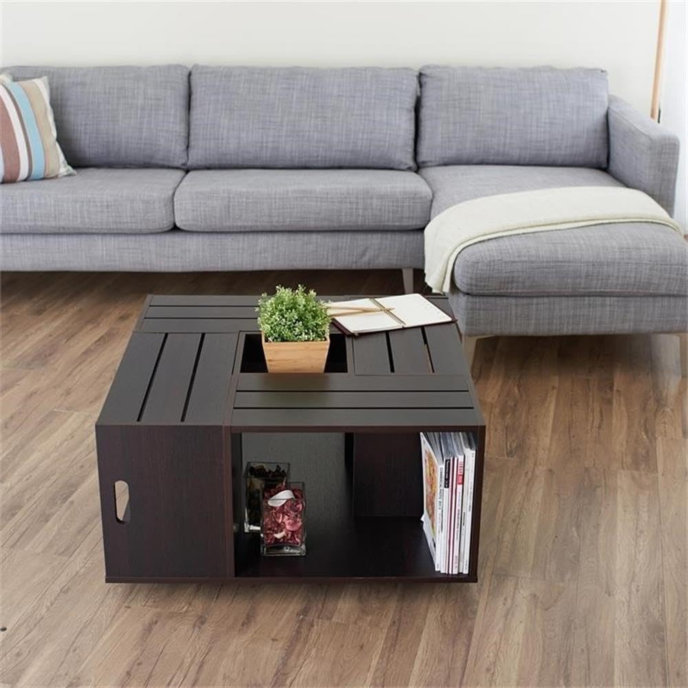 BOWERY HILL Square Modern Wood Coffee Table, Espresso Finish, 31.5" W x 31.5" D x 16.93" H, 4-Shelf Faux Crate Style with Slatted Top, Distressed Design, Living Room Functional Storage Table