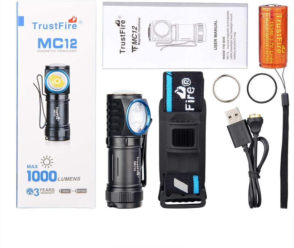 TrustFire MC12 Linterna frontal LED linterna recargable de 1000 lúmenes ajustable de 180 °, Cable de carga USB magnético para acampar al aire libre Senderismo Correr