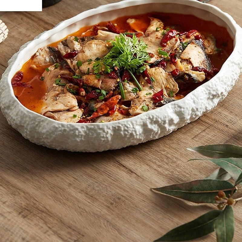 Platos De Cena Platos De Postre Plato Principal De Cerámica con Textura De Roca Plato De Cocina Plato De Pasta para Carne Plato Creativo De Color Blanco Puro Platos De Va，14inch