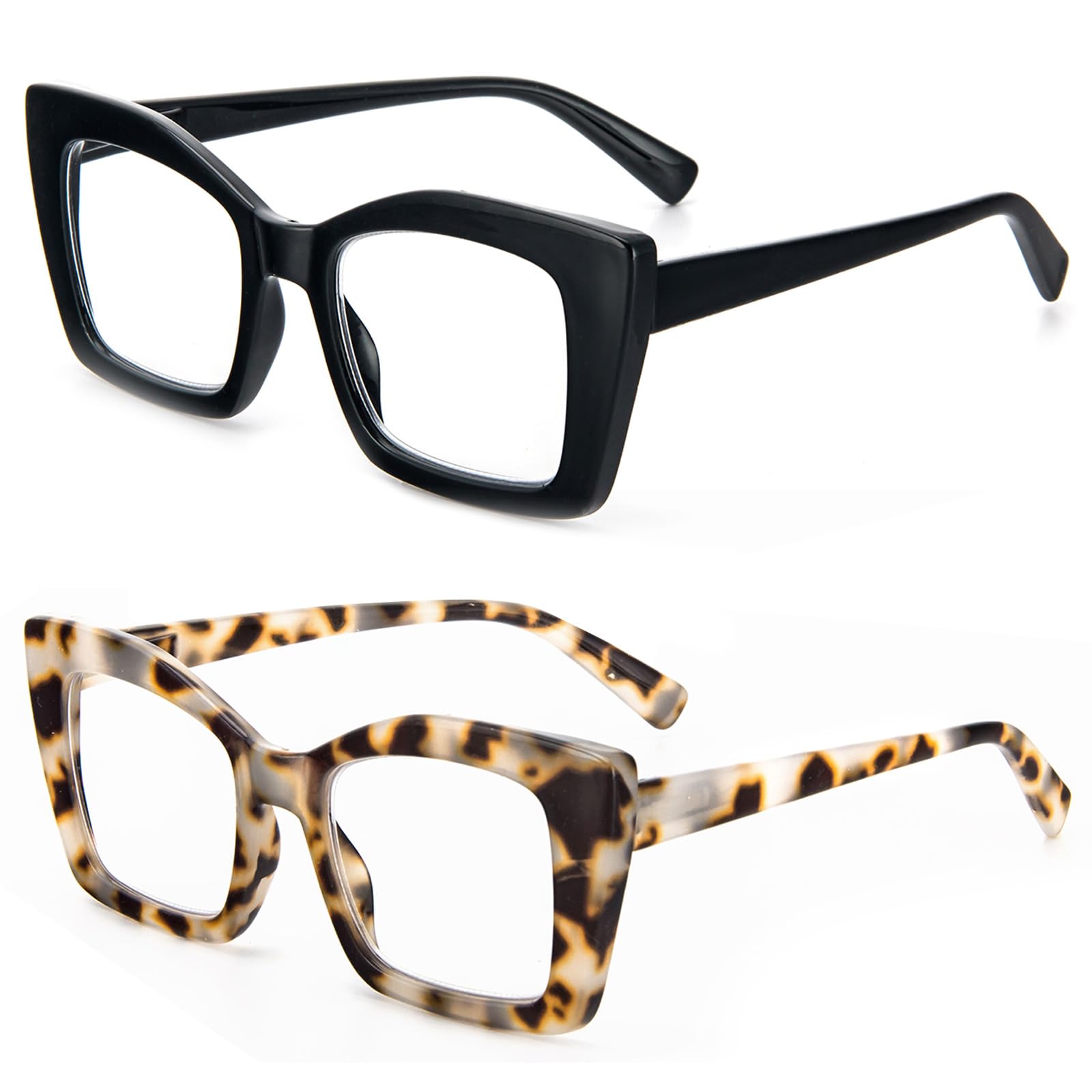 MMOWW Paquete de 2 gafas de lectura de gran tamaño para mujeres con montura cuadrada, estilo de moda, anti luz azul para mujeres y hombres