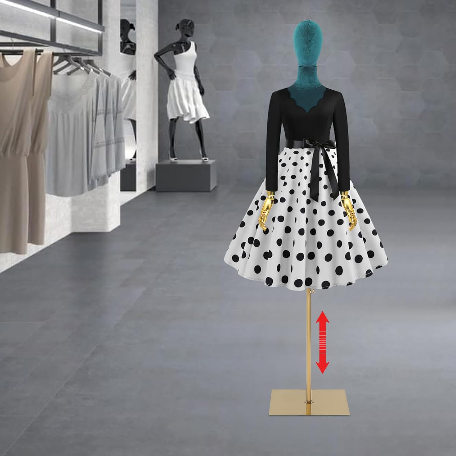 Female Mannequin Torso with Stand, Green Velvet Women Dress Form with Arm Adjustable Height 59"-78" Manikin with Head for Boutiques Dress Jewelry Display