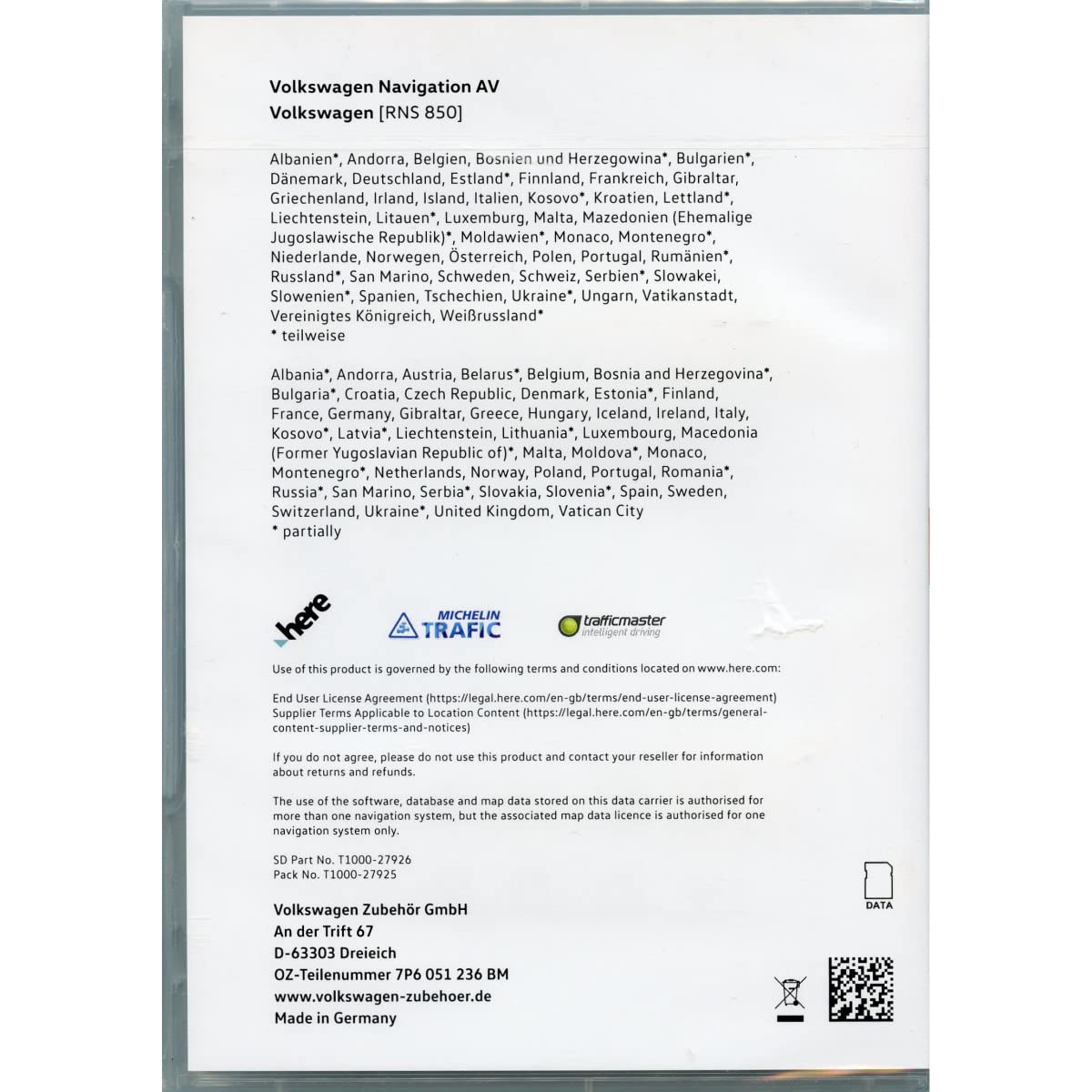 Volkswagen 7P6051236BM Navigation SD-Karte Update V14 Europa RNS 850, nur Plattform AV, nur SD-Karte, ohne Aktivierungsdokument