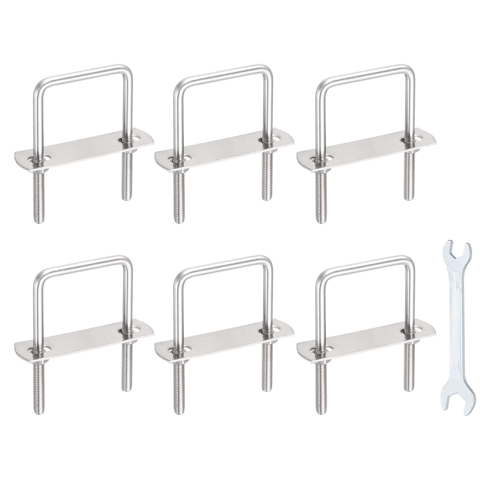 sourcing map 6 Sets M6 Square U-Bolts, 1.81"(46mm) Inner Width 3.1"(80mm) Length 304 Stainless Steel U Clamp Bolts with Nuts, Plates and Wrench for Trailer Ski Boat Fishing Boat — image 1