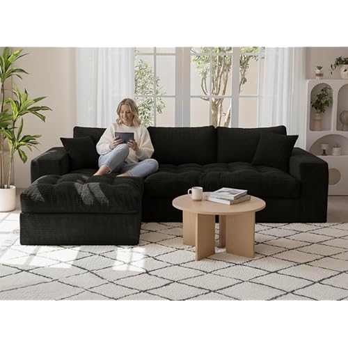NAYA 106” Modular Sectional Sofa, Cloud Sectional Couch with Deep Seat, Modern Modular L-Shape Sofa Boneless Couch with Chaise for Living Room Bedroom (Black, Left Facing Chaise) | Soft Corduroy, Supportive Foam, Flexible Layout, 1200 lb Capacity, Thick Cushions, Space-Saving Design