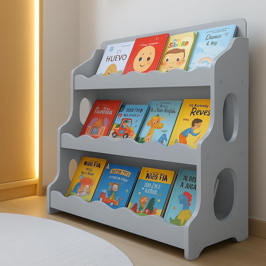 Kids Bookshelf Wooden Montessori Book Shelf Dutch Design 3Tier Scalloped,TranquilGrey Tranquilgrey Width31¼", Height33½", Depth8?"