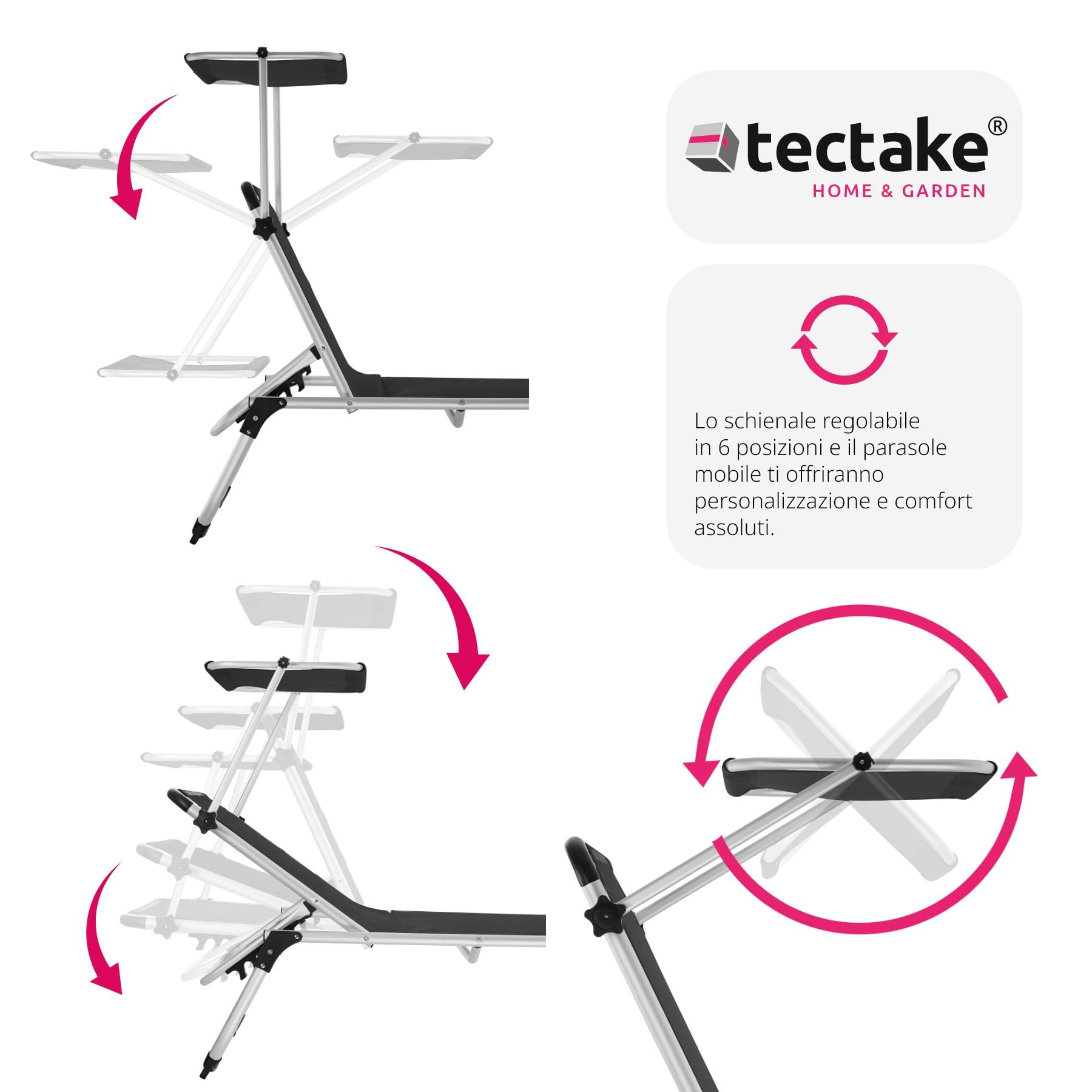 tectake® Sdraio da Spiaggia, Schienale Regolabile in 6 Posizioni, Parasole, Lettino Pieghevole e Trasportabile, Sdraio da giardino, Lettino Prendisole, Pratiche Maniglie (Nero)