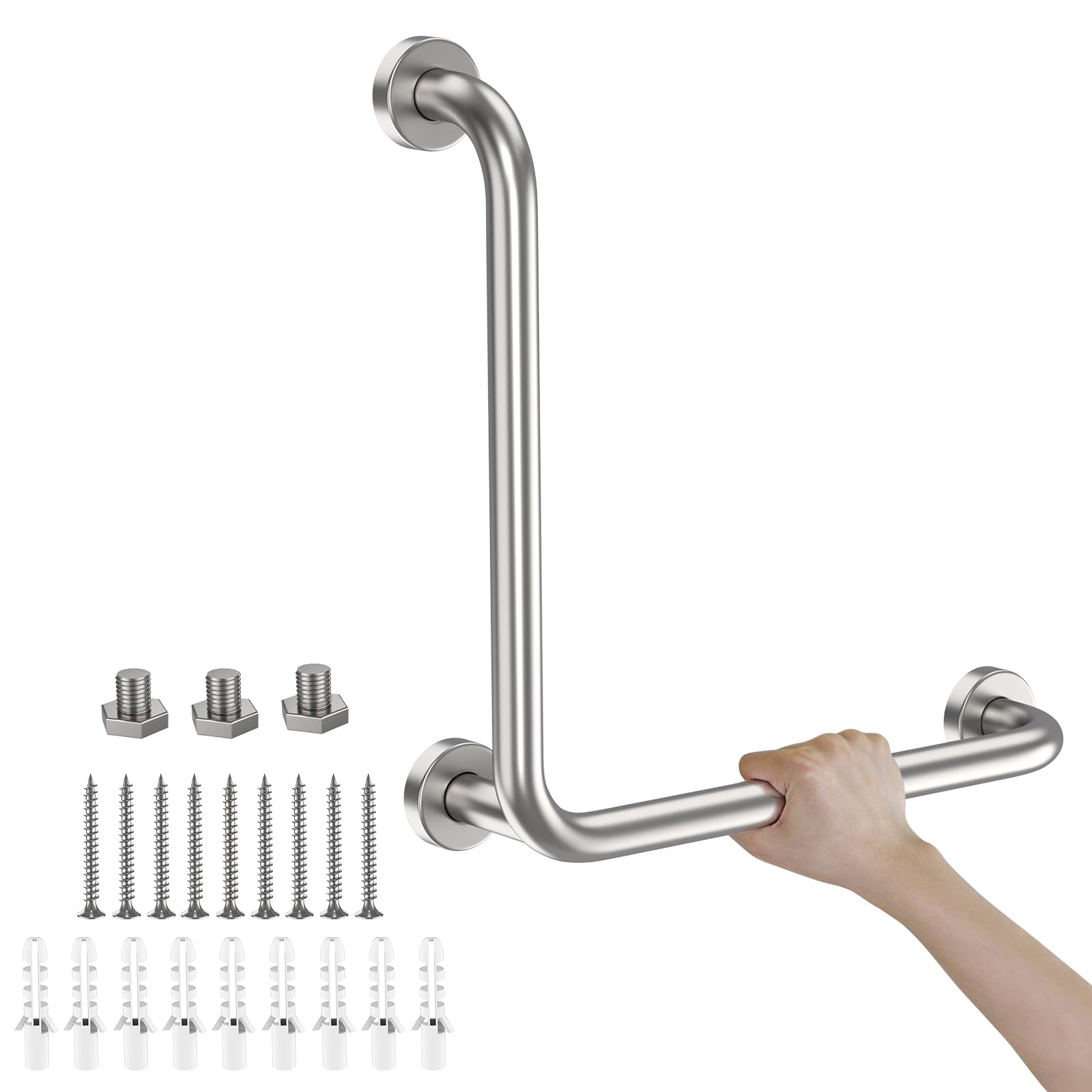 Zepolu Brushed Nickel Angled Grab Bar 16 Inch, Stainless Steel L-Shaped Safety Grab Rail, Bathroom Mobility Aid Handrail, Wall Mounted Balance Support Assist Shower Handle for Senior Elderly Handicap