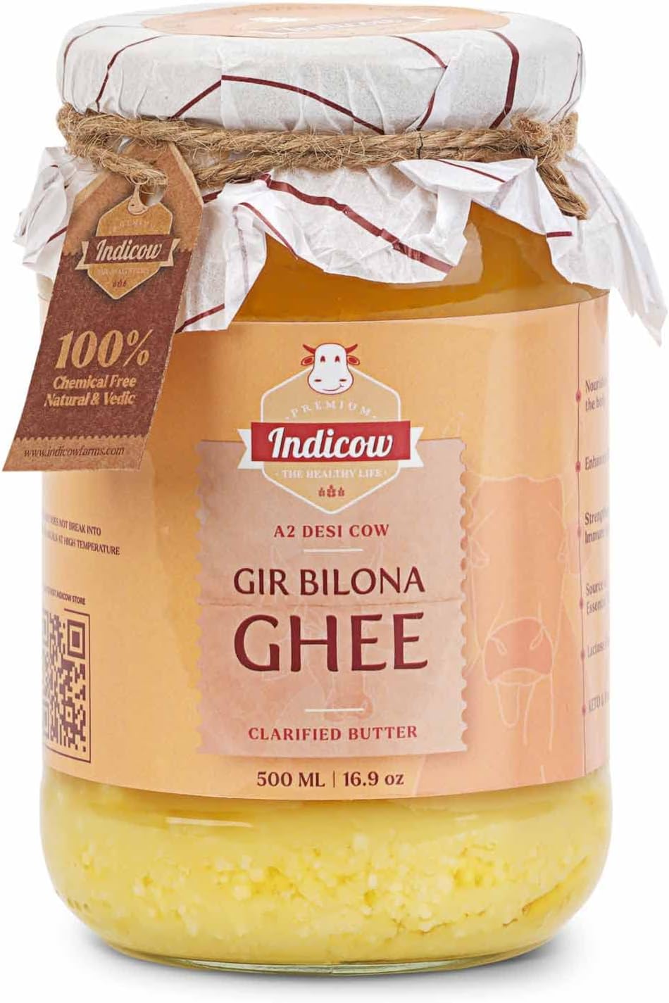 Indicow A2 Desi Cow Ghee, Clarified Butter, (500ml (16.91oz), Gir Cow Ghee), Grass Fed, Pasture Raised Clarified Butter Fat, Keto, Paleo, Lactose Free, Casein Free, Non-GMO |