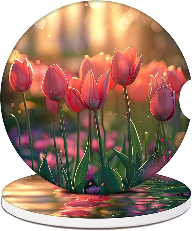 Kit com 2 Porta-Copos para Carro em Cerâmica com Estampa de Flores de Tulipa GAMSJM