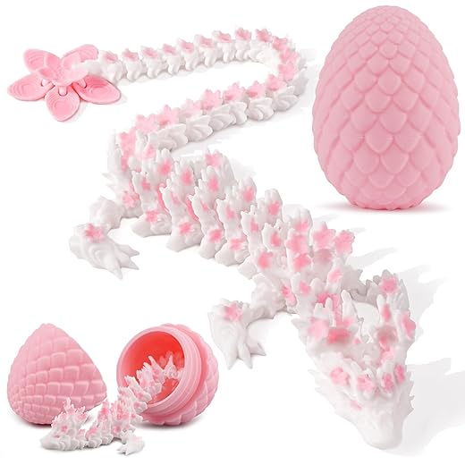 3D Printed Dragon Egg – 12in Articulated Cherry Blossom Dragon Figurine, Fidget Toy & Desk Decor, Flexible Fantasy Collectible Gift for Adults, Teens & Anime Fans