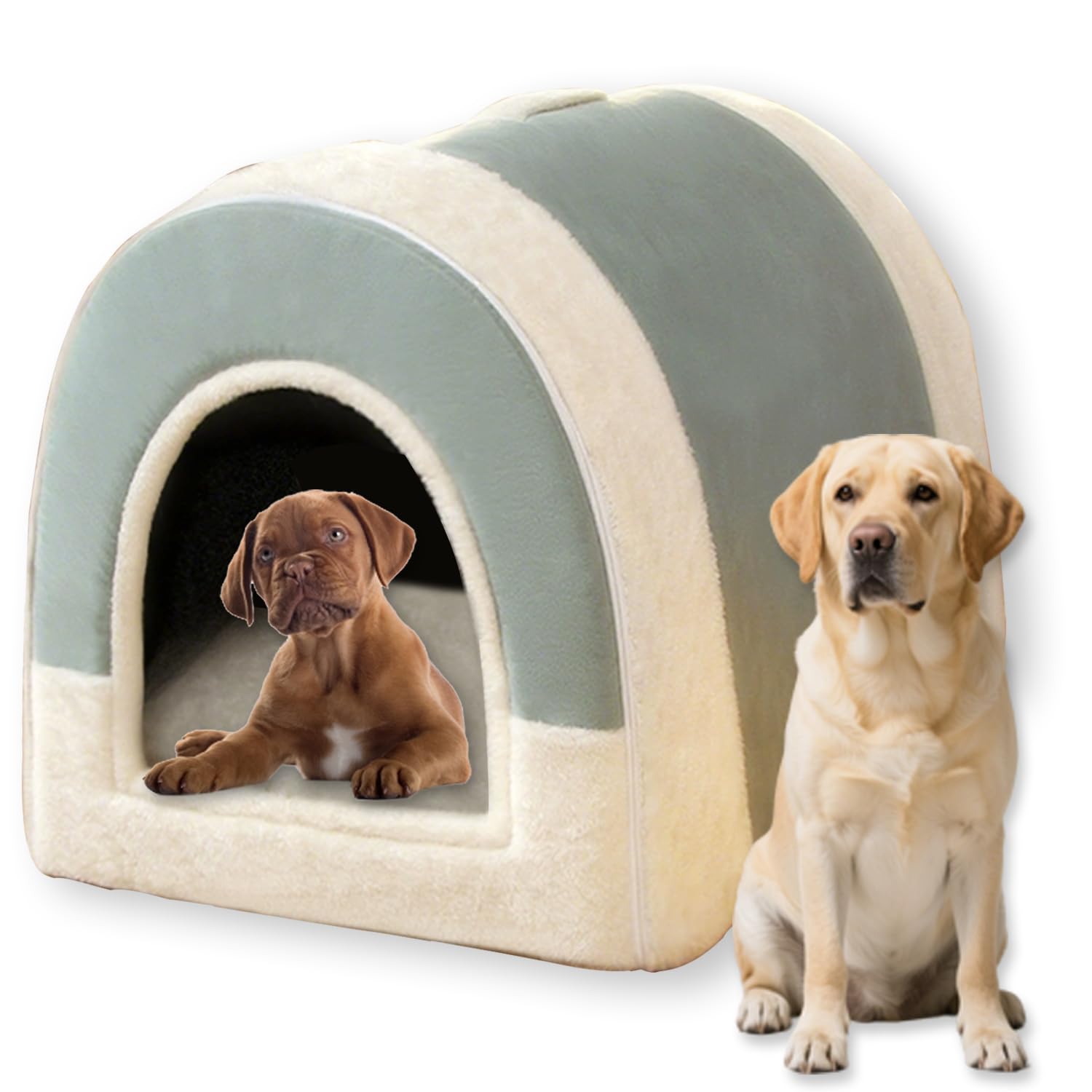 Large Dog Bed 2 in 1 Dog House Bed for Indoor Cat,Luxurious Calming Warm Pet Cave Anti Anxiety Washable Dogs House Removable Pet Beds Non-Slip Base (Green,56 * 43 * 43CM-L)