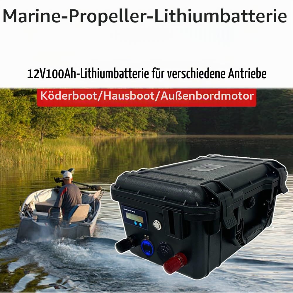 lifepo4 12V 100Ah mit Bluetooth und Ladegerät, Marine Batterie 100A Intelligente BMS 6000+ Zyklen Akku für Trolling-Motoren, Marine, Boote,Camping