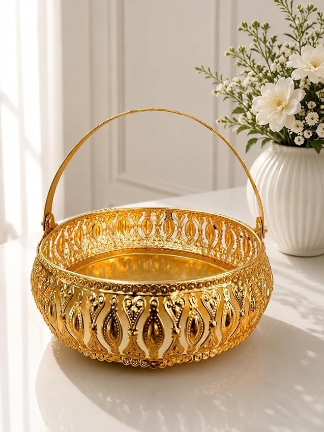 Golden Metal Decorative Tray for Home Decor | Round Serving & Pooja Tray for Candles, Dry Fruits & Gifting-image-32