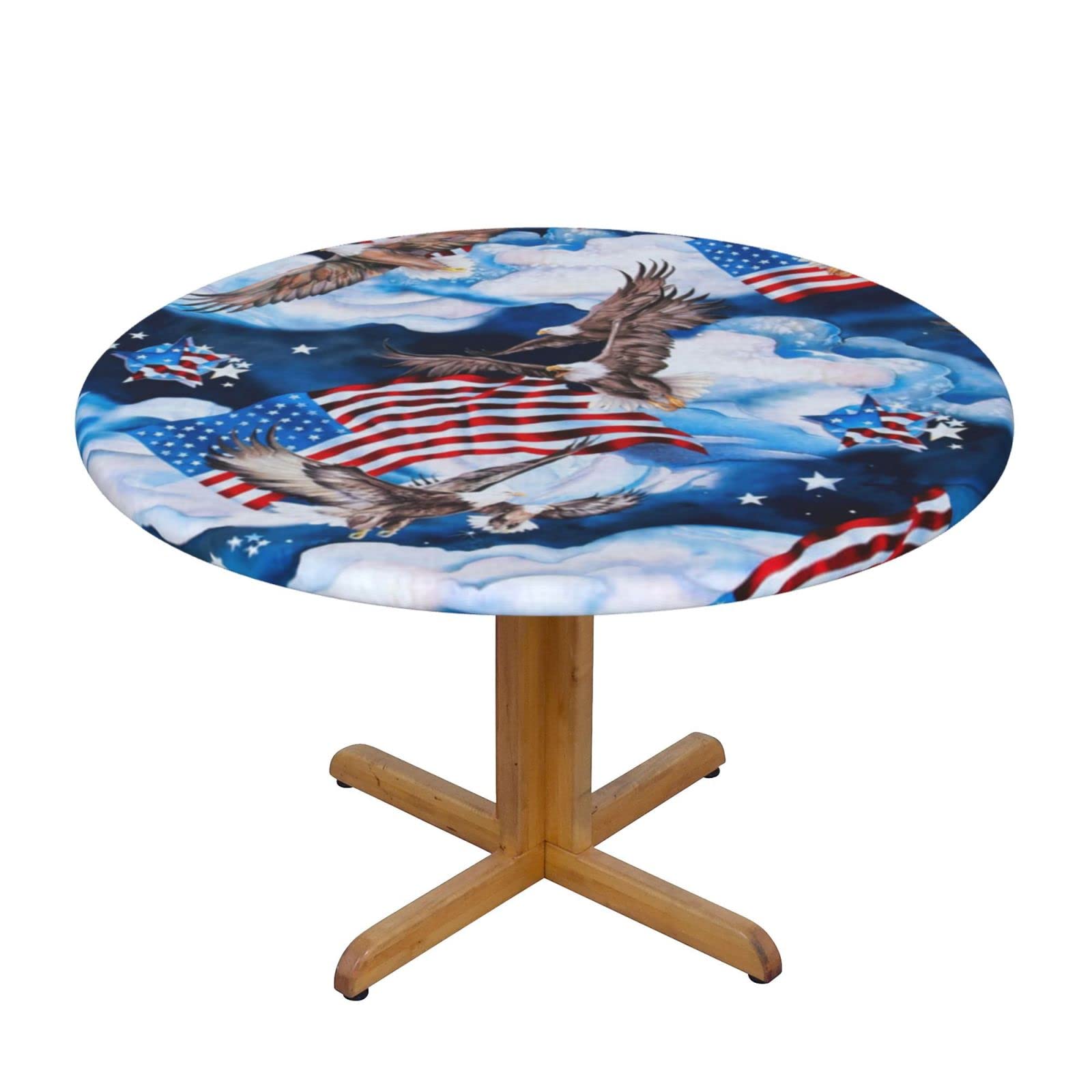 Lsjuee Round Fitted Tablecloth 45-50in Elastic Edged Table Cloth for Kitchen Dining Party Home Decor - Bald Eagle American Flag