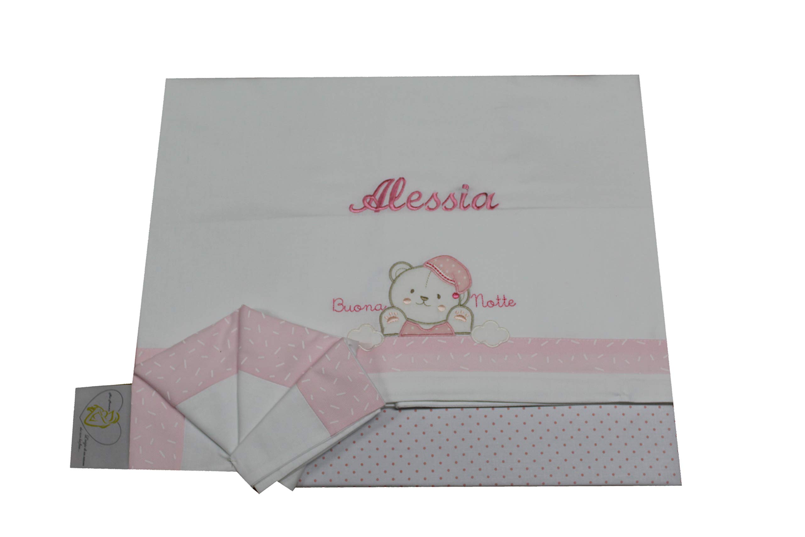 Set per culla in cotone 3 pezzi con ricamo del nome personalizzato. Federa, lenzuolo e coprimaterasso con elastico