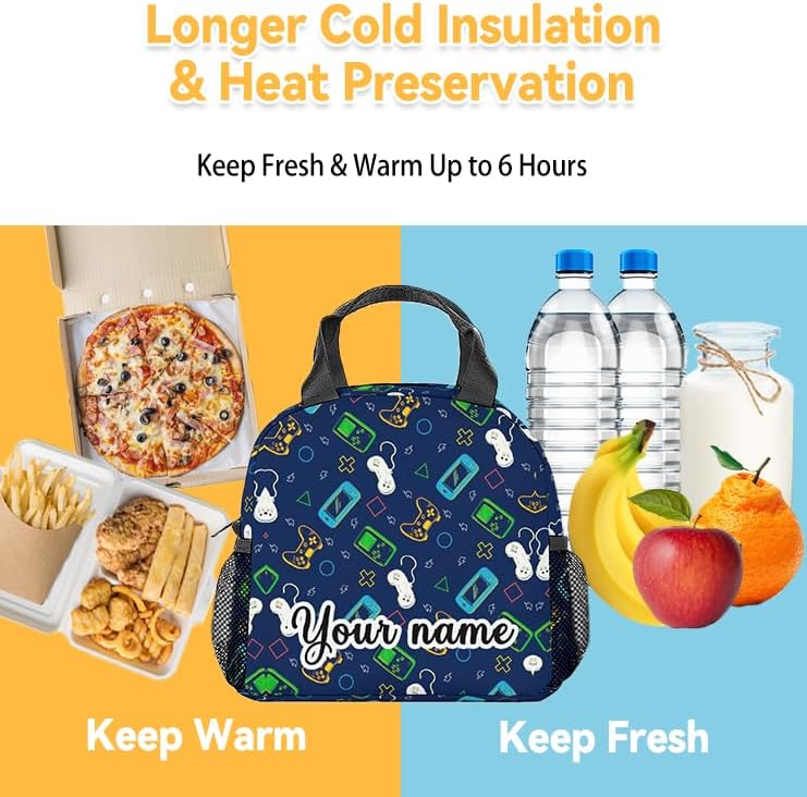 Miniatura 6 de Loncheras personalizadas para jugadores  Lonchera Bento reutilizable aislada con correa para el hombro y bolsillos, lonchera pequeña azul linda para