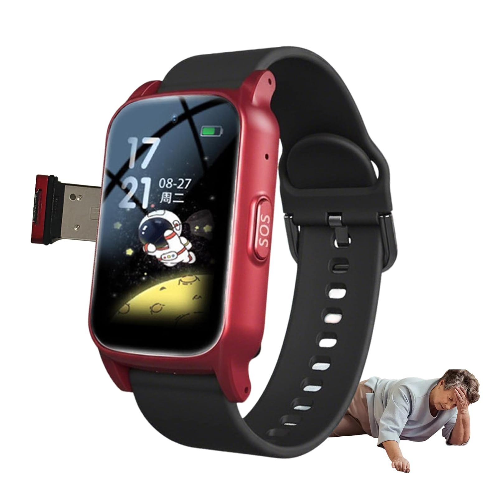 Dispositifs De Détection De Chute pour Seniors, Tracker GPS 4G pour Personnes Âgées, pour Alzheimer Et Démence, Appel Vidéo HD Montre Connectée SeniorRed,1.25 * 0.57 * 2.22inch