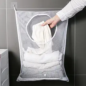 Cesto Organizador Armazenamento de Roupas Sujas Brinquedos Tela Poliéster Com Zíper na Parte Inferior Com Ganchos E Autoadesivo Ideal Para Banheiro Lavanderia 50 x 70 cm
