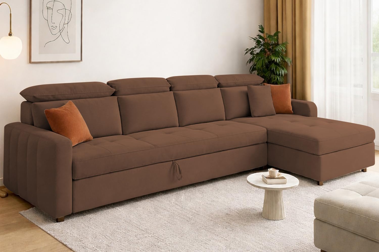 Casaliving Gagnon 6 Seater RHS L Shape Corner Sofa Cum Bed for Living Room Premium Fabric Sofa (Brown) Sofa Set