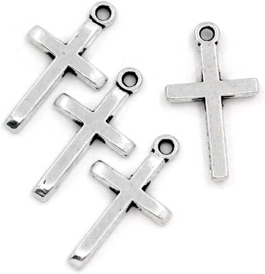 Rockin Beads Brand, 50 Pendant Beads Charms 1 Inch Cross Antique Silver Plated Zinc 1x4/8 Inch Package of 50