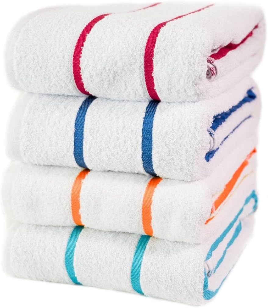 100% USA Cotton - Family variety pack of 4 Pool-Beach Striped Towels, 30”x60”. Blue Turqoise Red Yellow. Sold to major hotels in the USA, Caribbean. (Multi-Color 4 Pack)