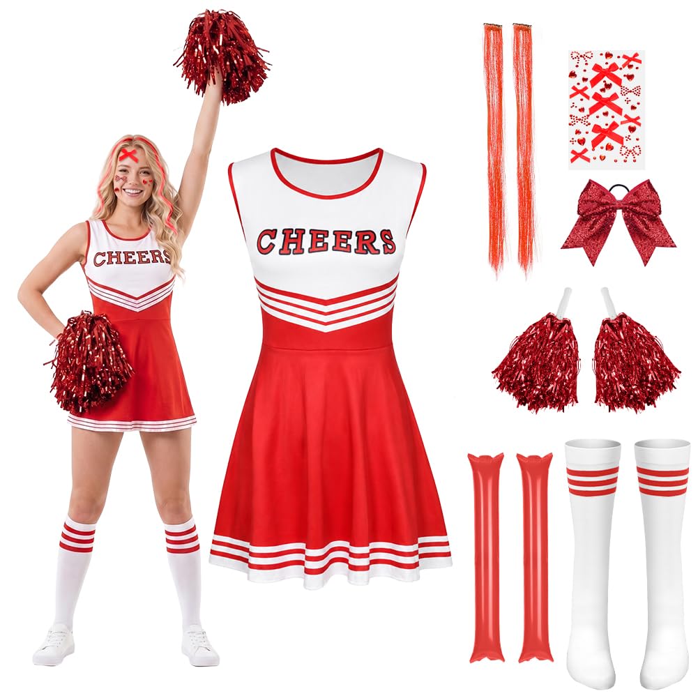 AYBUY Cheerleader Costume Women, Cheerleader Fancy Dress Outfit Uniform, Red (L)