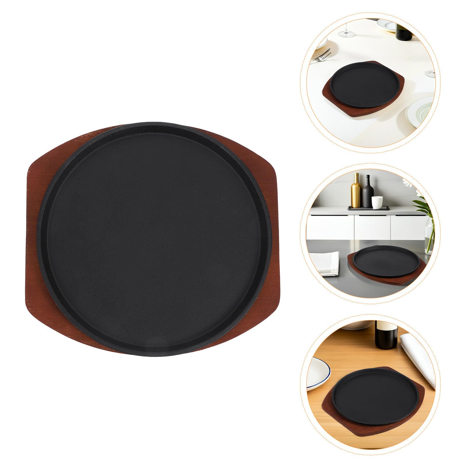 ULTECHNOVO Plaque de Cuisson en Fonte pour Barbecue Extérieur, Poêle à Steak 27cm avec Base en Bois, Résiste aux Hautes Températures, pour Restaurant et Rassemblements