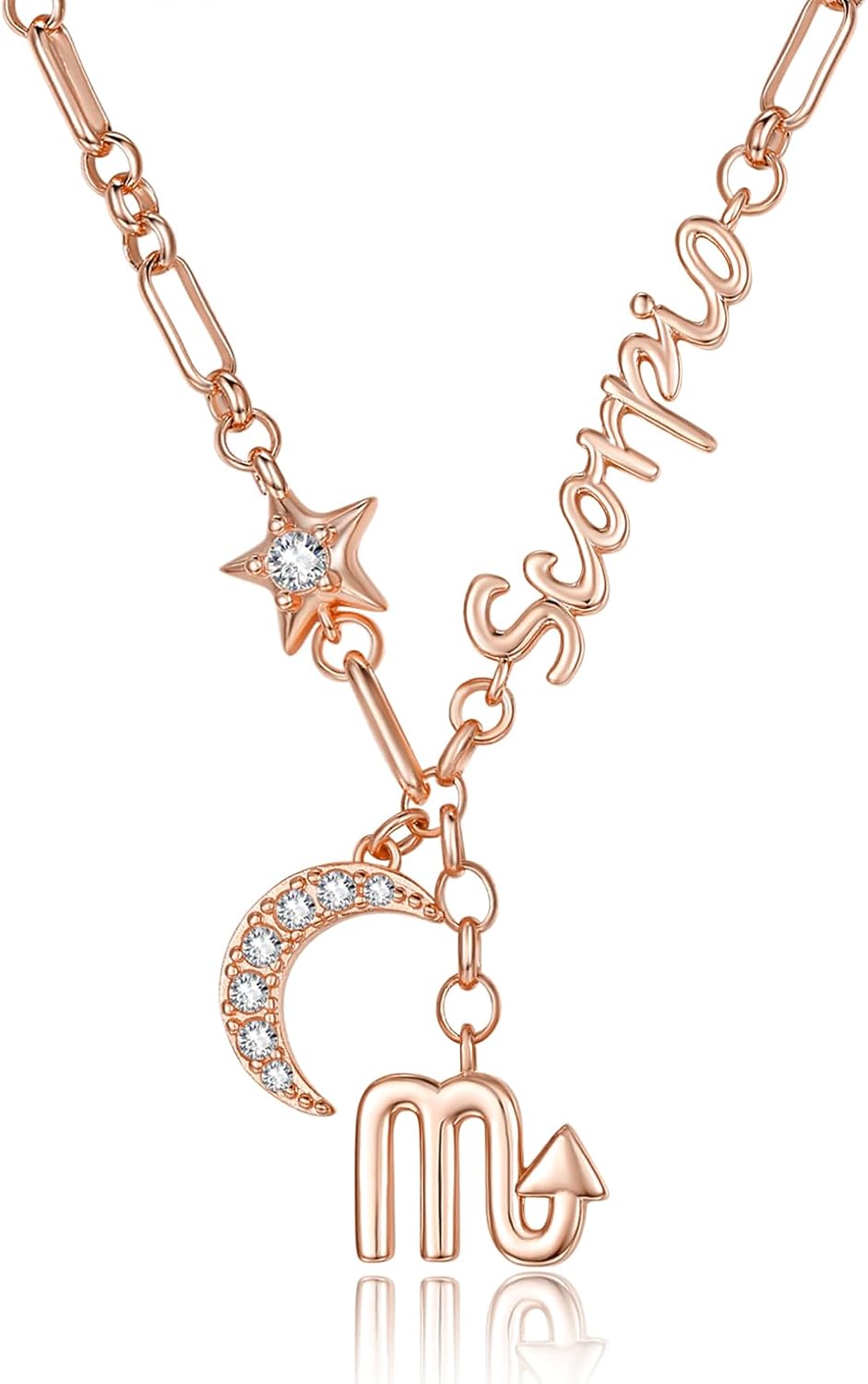 14K Gold/Rose Gold Zodiac Necklace for Women - Horoscope Constellation Pendant with Moon and Star, Luxury Birthday Gifts Jewelry for Her (12 Zodiac Signs)