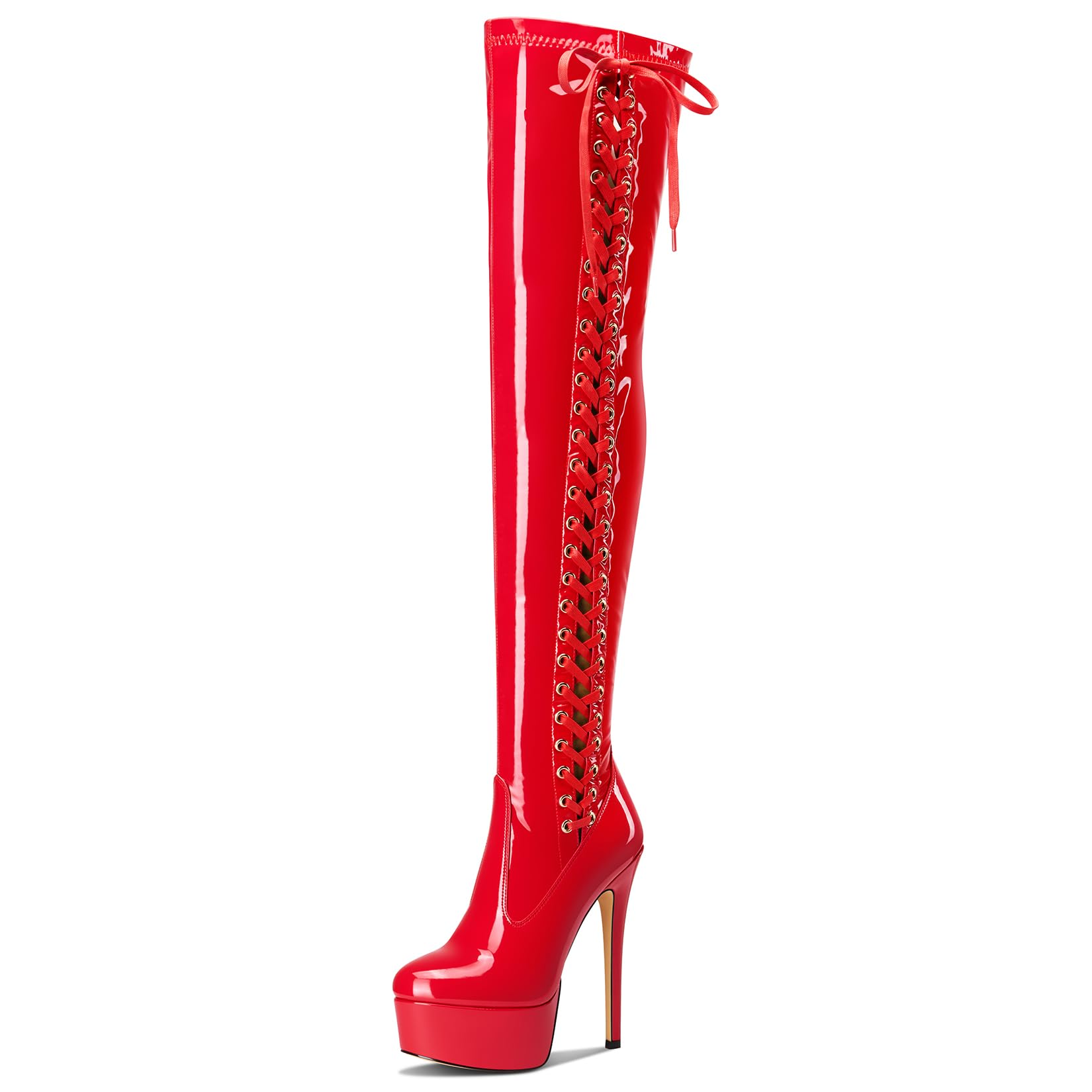 Aachcol Womens Over The Knee Platform Stiletto Lace-up Boots Patent Leather Thigh High Zipper High Heel Party Dress