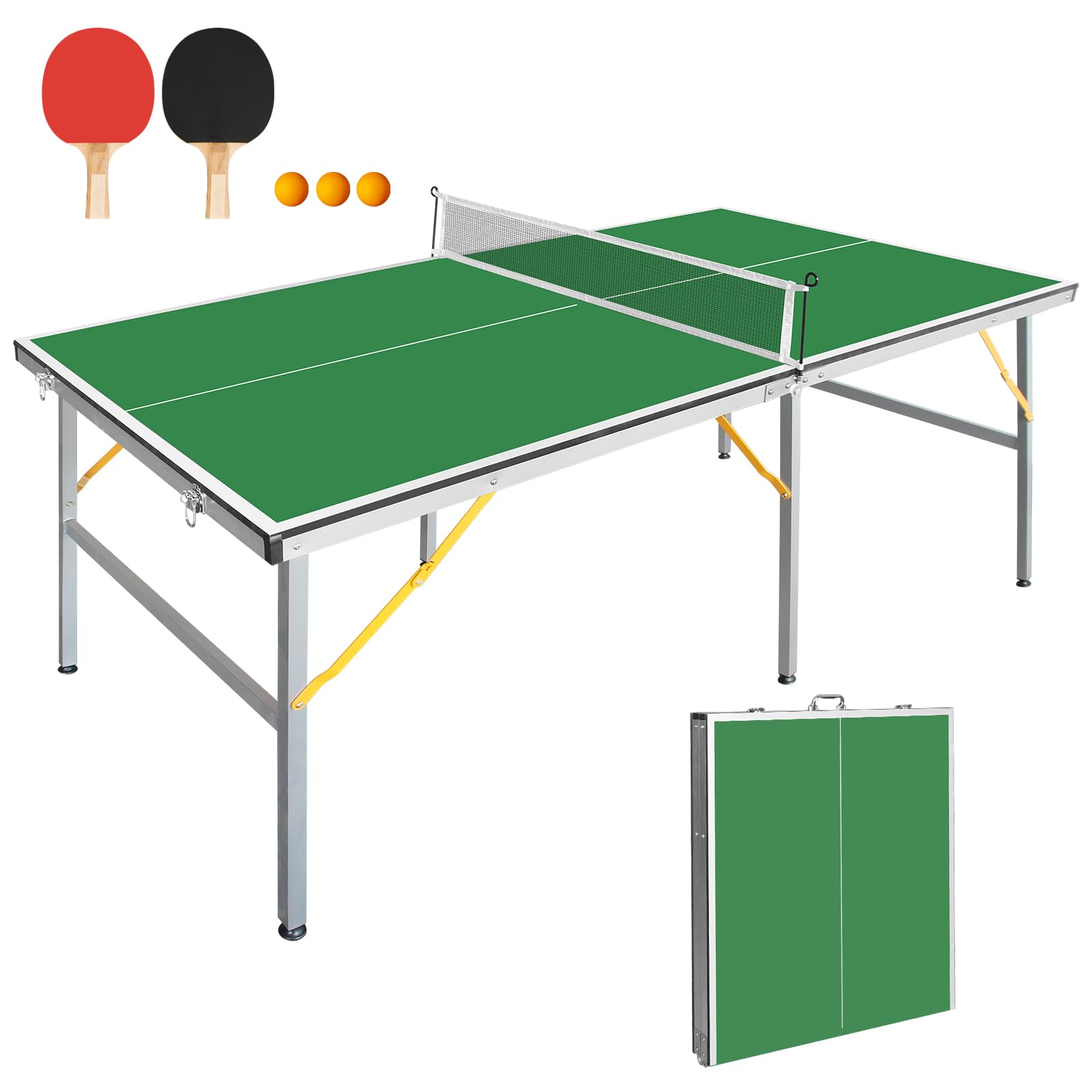 6FT 72''x36'' Ping Pong Table Foldable Midsize Table Tennis Table with Net, Paddles and B…