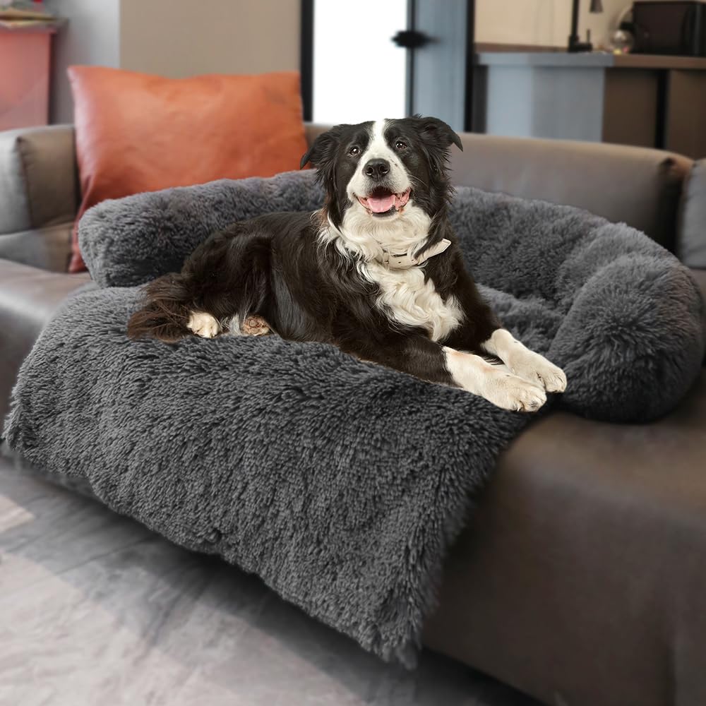 Calming Dogs/Cats Bed Mats, Dog Pad Washable Removable Couch Cover, Plush Long Fur Mat for Pets, Waterproof, Perfect for Small, Medium and Large Dogs and Cats (Dark Gray, 53"x39.3"x 6.0")
