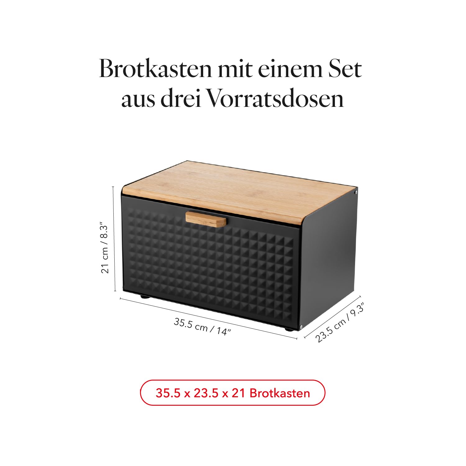 FLORINA Brotkasten inkl. 3-er-Set Aufbewahrungsdosen CUBE I Brotbox aus Stahl und Bambus-Deckel I Geräumiger und moderner Brotbehälter I 3 Vorratsdosen für Kaffee Tee Zucker I Farbe: Schwarz